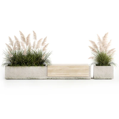 Bench flowerbed for the urban environment in a concrete flowerpot with bushes of reeds and pampas grass, Cortaderia. 1144. — Ver 4