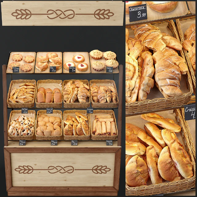 Showcase with pastries for shop and cafe. Bread — Descargar