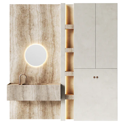 Bathroom furniture with travertine and round mirror — Ver 2