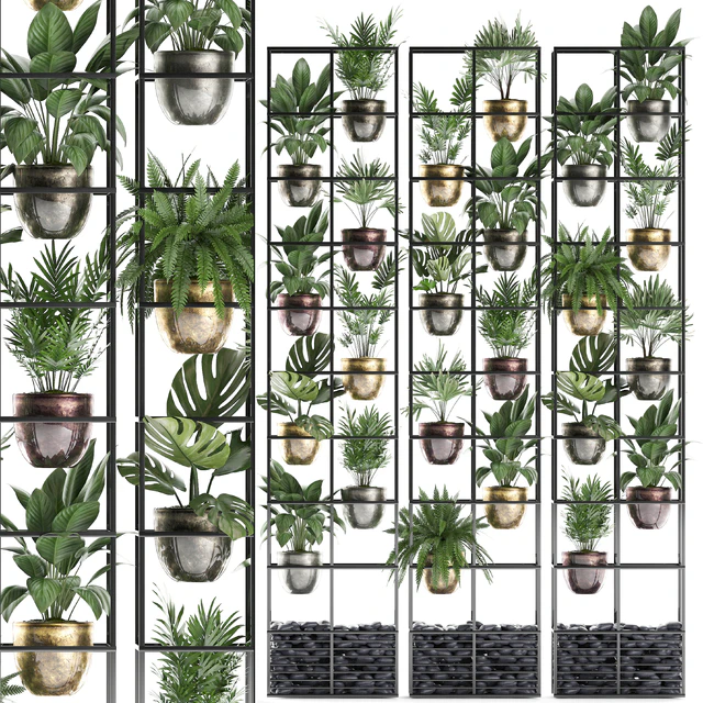 Vertical gardening. 27. Shelf with plants, rack, fern, areca palm, monstera, loft, indoor plants, vertical garden, phytowall, phytomodule, pots, eco design, Raphis palm — Descargar