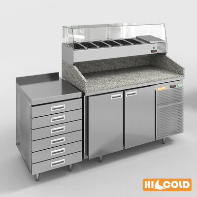 HiCold refrigeration pizzeria, stainless steel with stone countertop and glass showcase # 2 — скачать