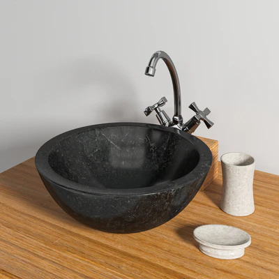 Раковина из натурального мрамора Teak House Round White, Black, Onyx, тумба под раковину Lombok 110, смеситель Lemark LM2504C — Вид 2