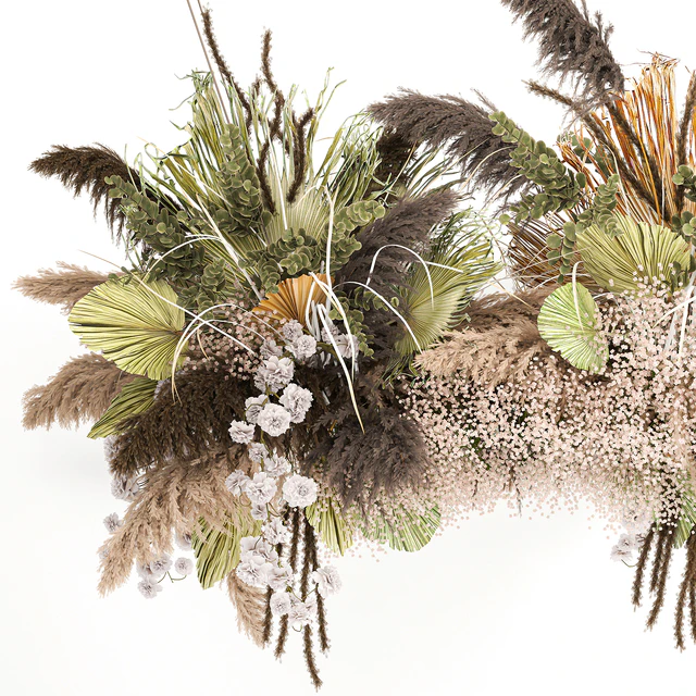 Hanging bouquet and installation under the ceiling, decor above the table made of dried flowers, palm leaf and pampas grass. 232. — Descargar