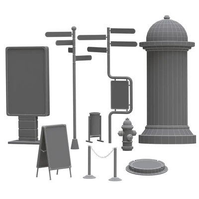 Collection of elements for filling the street low poly PBR/Набор элементов для заполнения улицы низкополигональным PBR — Вид 2