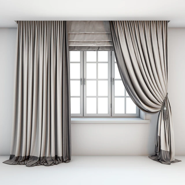 Two-color light curtains in the floor are straight and with a pick-up brush with a dark edging, Roman curtains and a window with layouts. — Descargar