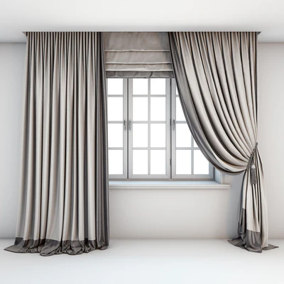 Two-color light curtains in the floor are straight and with a pick-up brush with a dark edging, Roman curtains and a window with layouts. — Ver 1