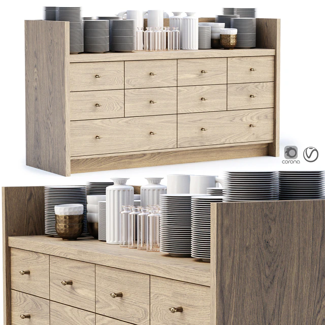 Mira restaurant cabinet with dishes V1 / Wooden sideboard with dishes — Download