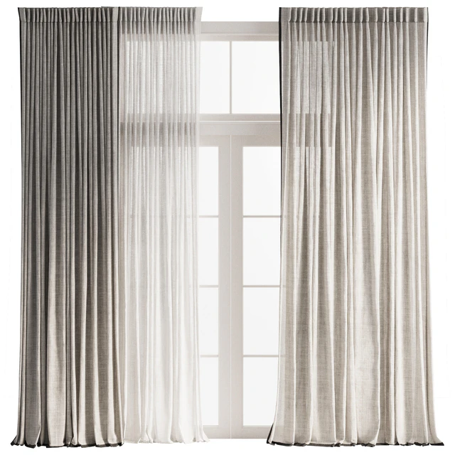 Pinch Pleat Linen Curtain with Tulle 2 — Скачать
