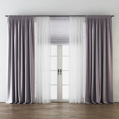 Draped Back Tab Silk Curtains with Tulle and Roman Shade — Ver 1
