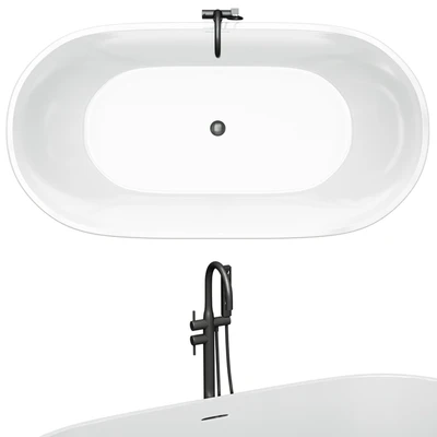 Free Standing Modern Oval Stone Bathtub Back to Wall Standard White — Ver 2