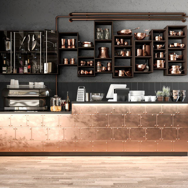 The bar counter in the restaurant with a copper decor and a coffee machine. Tableware — Descargar