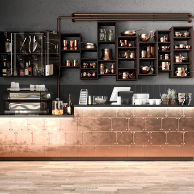 The bar counter in the restaurant with a copper decor and a coffee machine. Tableware — Ver 1