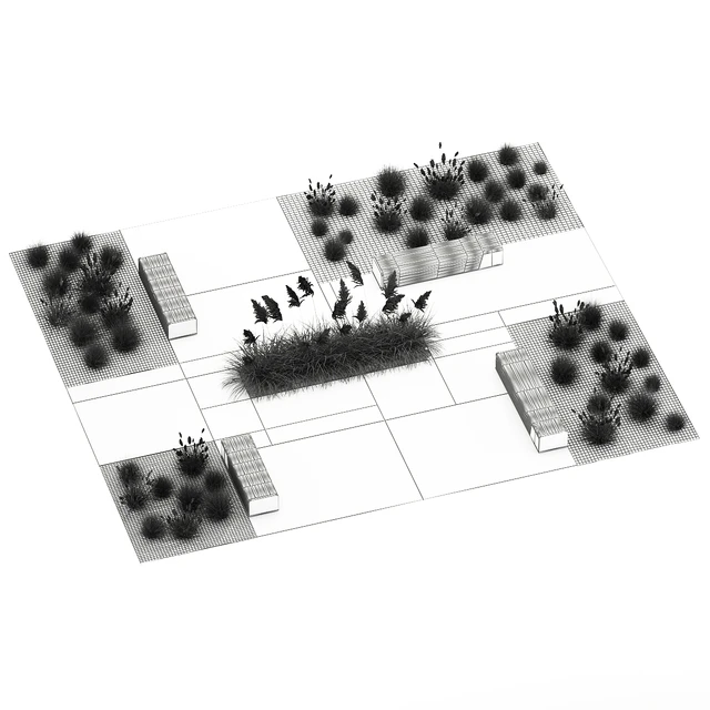 Plants for the urban environment with paving slabs, bench, bench, pampas grass bushes, Cortaderia. 1151. — Descargar