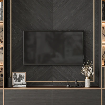 TV Wall Black Wood with Stone Slab - Set 32 — Ver 3