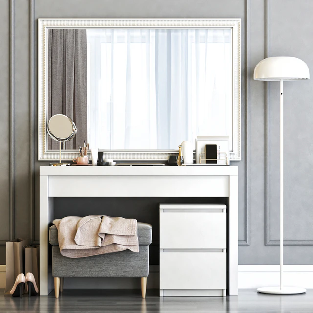 IKEA MALM Dressing Table with SONGE wall mirror and Strandmon Gray Ottoman — Descargar