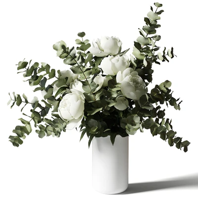 Bouquet with eucalyptus and peonies in a white vase — Descargar
