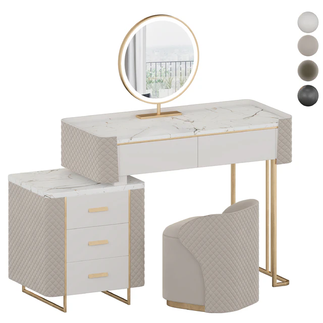 Luxury Makeup Vanity Set with LED Lighted Mirror, Side Cabinet and 5 Drawers, Modern Sintered Stone Dressing Table with Stool for Bedroom — Скачать
