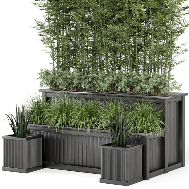 Outdoor Plants Bamboo and bush in Wooden Pot -Set 195 — Скачать