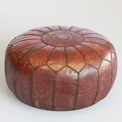 Vintage Round Moroccan Chocolate Brown Leather Pouf Hand Tooled In Marrakech — Ver 2