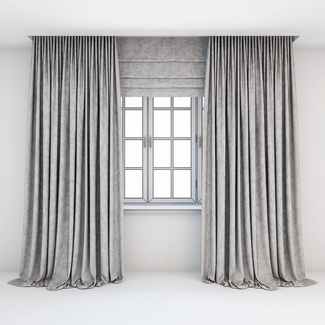 Light beige curtains in the floor with tulle decoration, Roman curtains and a window with layouts. — Download