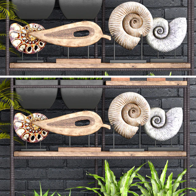 Decorative set. 1. Black brickwork, tusk, horn, palm tree, ammonite, figurine, assplenium, loft, shelf with decor, rack — Descargar