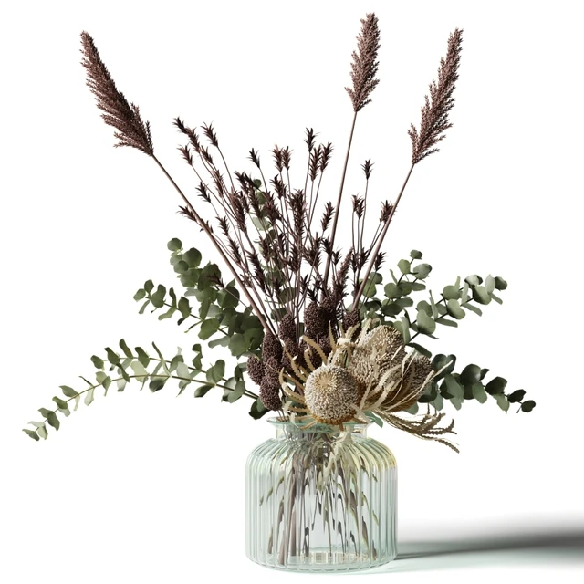 Bouquet with tall grass, eucalyptus and bankxias in a ribbed glass vase — Descargar