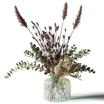 Bouquet with tall grass, eucalyptus and bankxias in a ribbed glass vase — Ver 1