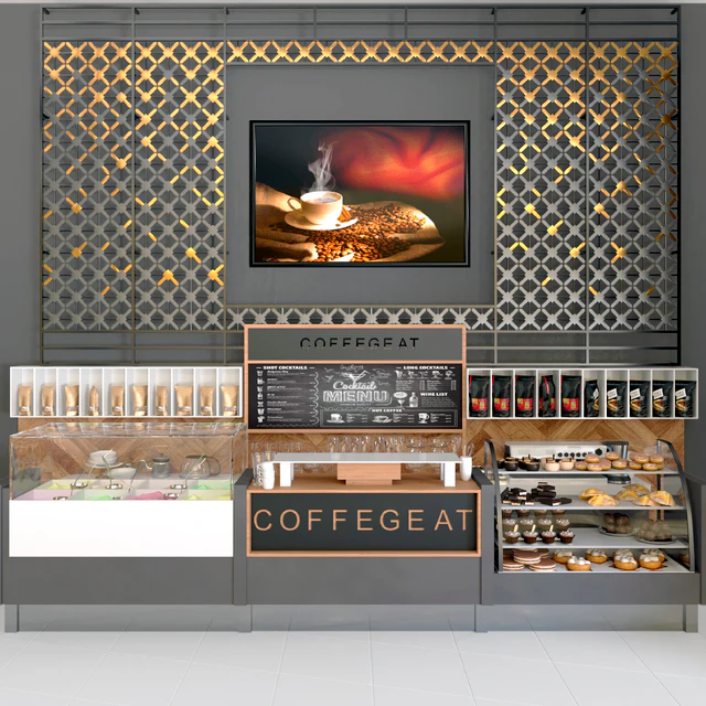 Design project of a cafe with a panel and a refrigerator with desserts and sweets. coffee house — Descargar