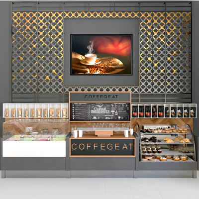 Design project of a cafe with a panel and a refrigerator with desserts and sweets. coffee house — Ver 1