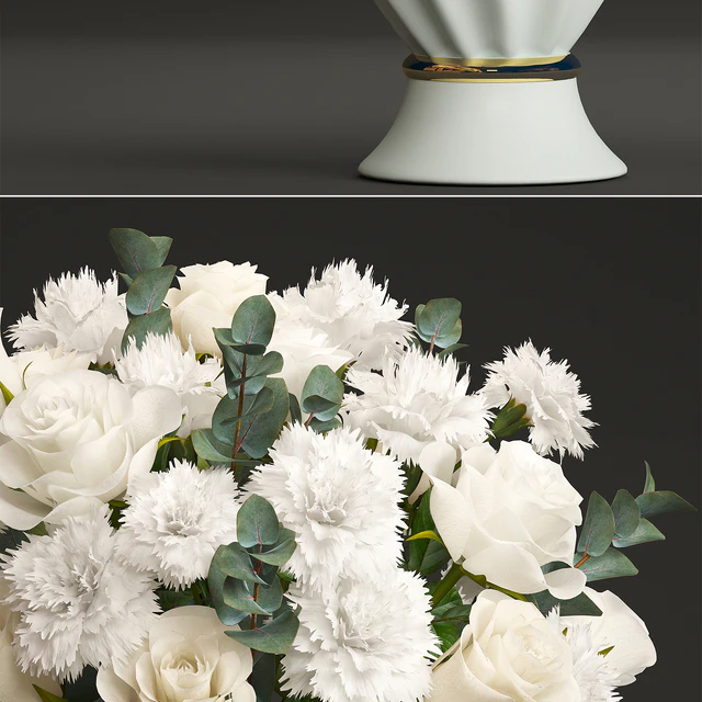 Bouquet of white flowers 35. Spring bouquet, vase, eucalyptus, white rose, carnation, luxury decor, classic vase — Descargar