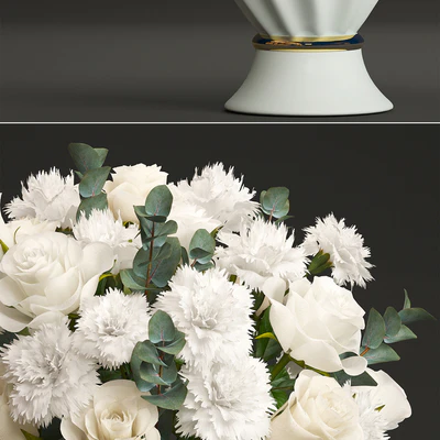 Bouquet of white flowers 35. Spring bouquet, vase, eucalyptus, white rose, carnation, luxury decor, classic vase — Ver 2