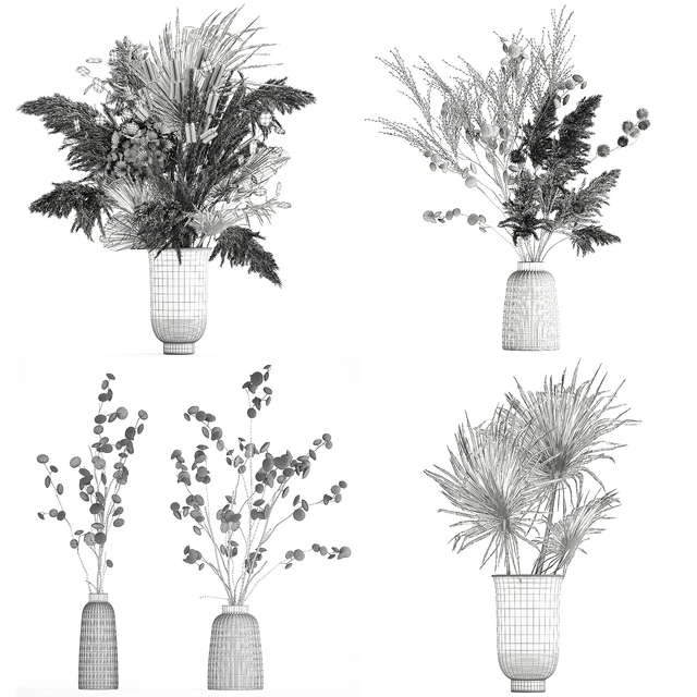 A set of flower bouquets in vases of dried flowers, palm branch, pampas grass, reed grass, hydrangea, thorns. 283 — Descargar