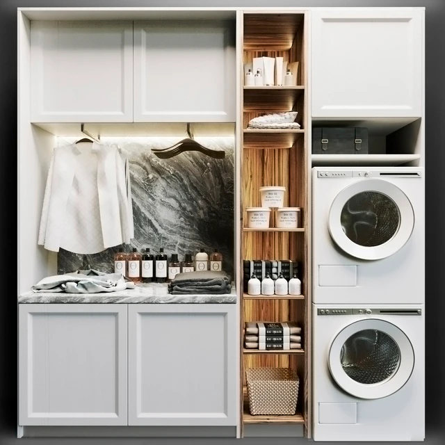 Laundry room in white with household appliances, cosmetics and clothes 8 — Descargar