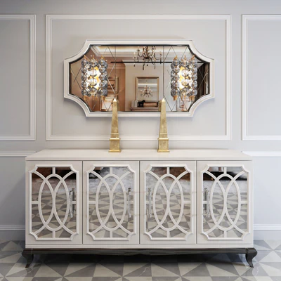 High End Italian White Fretwork Mirrored Sideboard — Вид 1