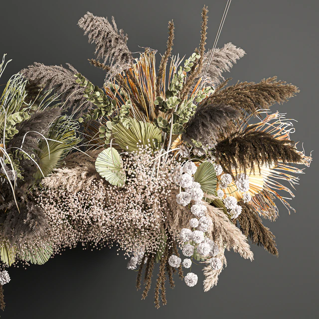 Hanging bouquet and installation under the ceiling, decor above the table made of dried flowers, palm leaf and pampas grass. 232. — Descargar