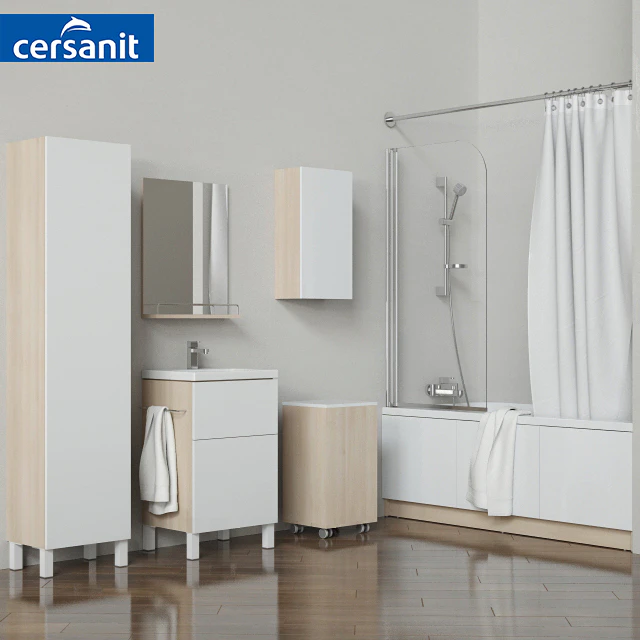 A set of bathtubs and furniture "Smart" with curtains "Easy" and soft curtains, tm Cersanit — Descargar