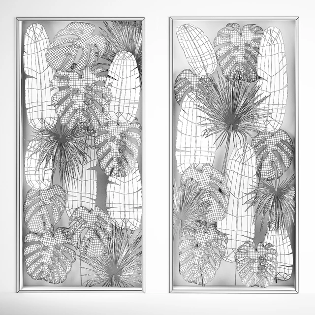 Phytowall and phytobox made of banana palm branches and fan palm leaves in a niche behind a translucent stack. Bouquet 286. — Descargar