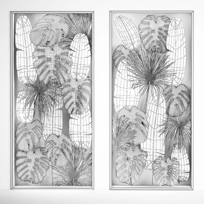 Phytowall and phytobox made of banana palm branches and fan palm leaves in a niche behind a translucent stack. Bouquet 286. — Ver 4