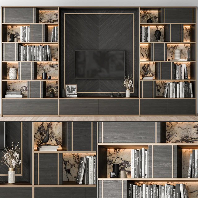 TV Wall Black Wood with Stone Slab - Set 32 — Descargar