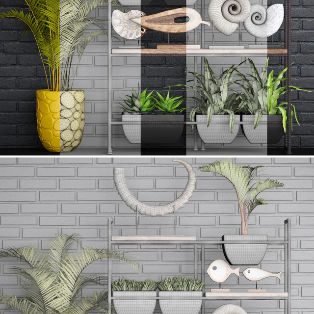 Decorative set. 1. Black brickwork, tusk, horn, palm tree, ammonite, figurine, assplenium, loft, shelf with decor, rack — Descargar