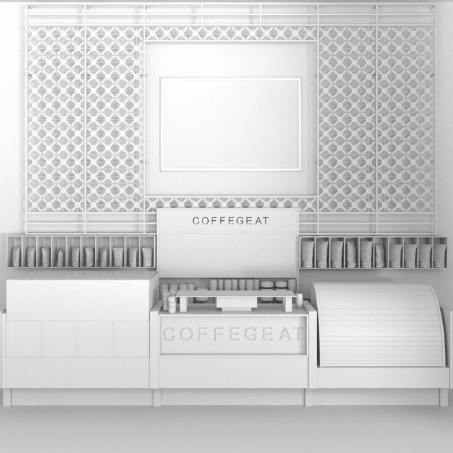 Design project of a cafe with a panel and a refrigerator with desserts and sweets. coffee house — Descargar