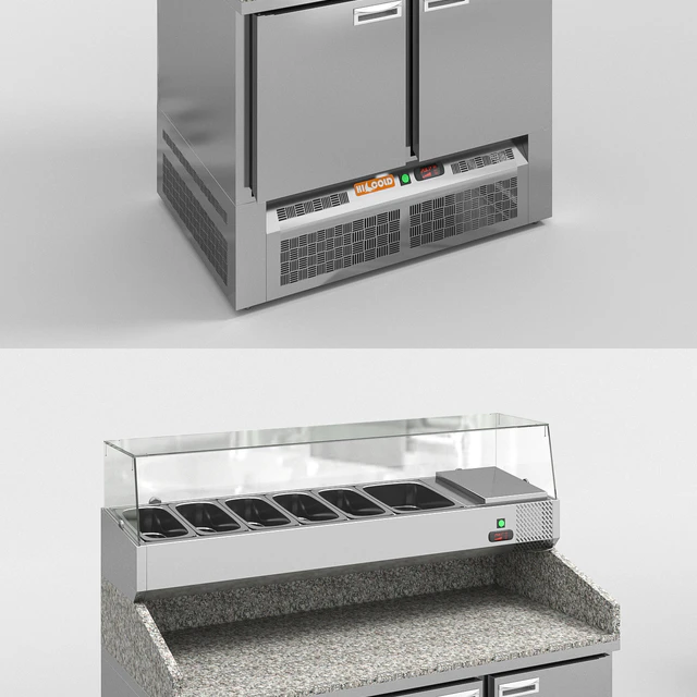 HiCold desks, refrigerated pizzeria, stainless steel with stone countertop and glass showcase # 1 — Descargar