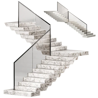 Stairs 3. Stone steps. Metal glass railings. 2 color options - marble and concrete. — Ver 1