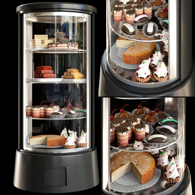 Refrigerator with desserts and sweets for shops or cafes. Confectionery — Descargar