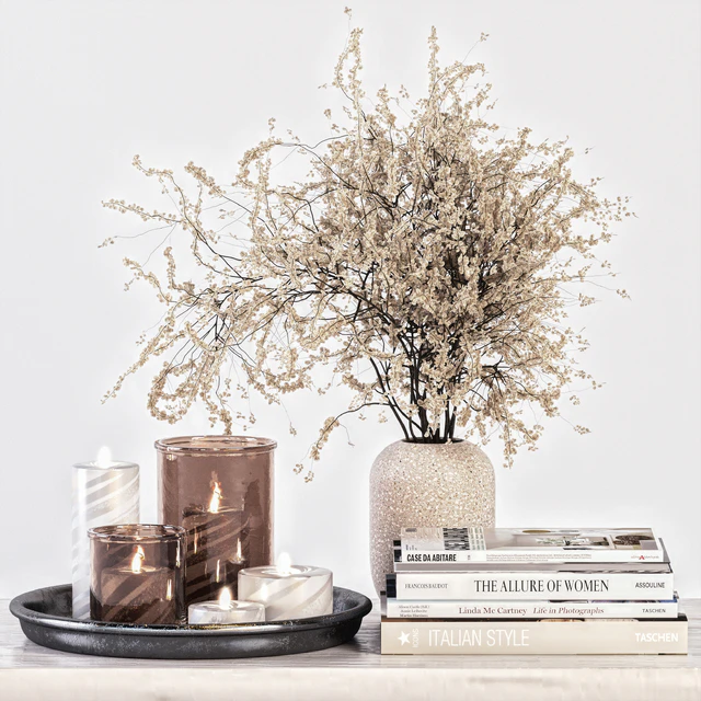 Decorative Set 14 - Candles and Branches in Concrete Vase — Скачать