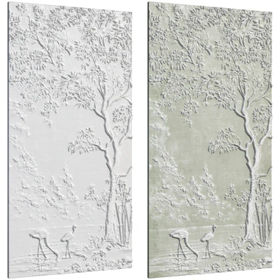 Botanical bas-relief plaster wall decorative panel flamingo forest lake tree nature — View 5