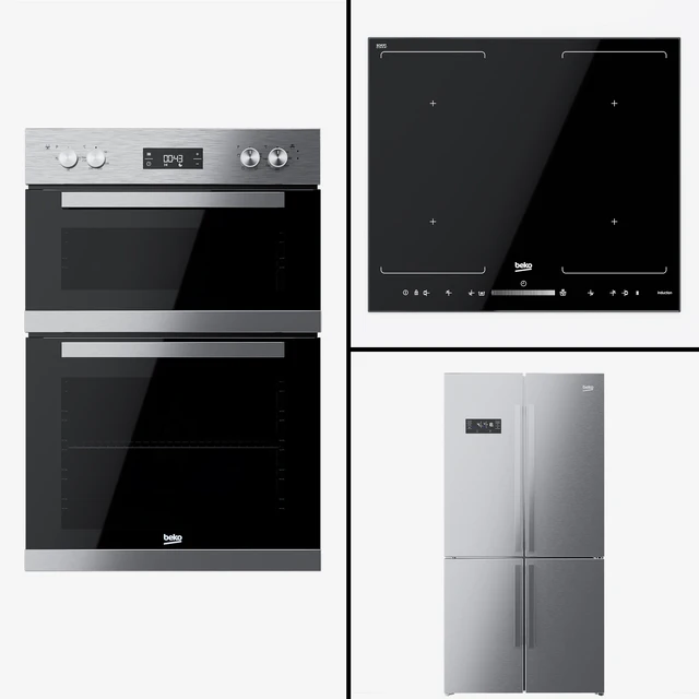 Beko - сдвоенный духовой шкаф BDQF22300, холодильник GN1416221Z и варочная поверхность HQI64501FHT. — Скачать