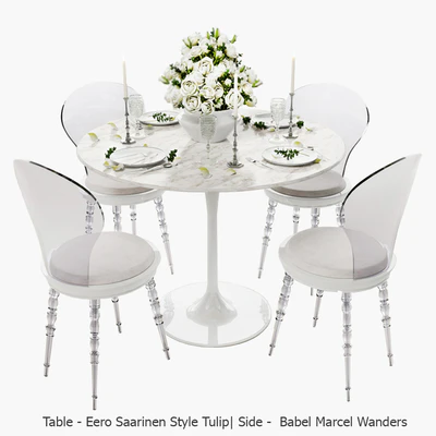 White set / Стул Babel от Marcel Wanders, стол Eero Saarinen Style Tulip, сервировка. — Вид 1