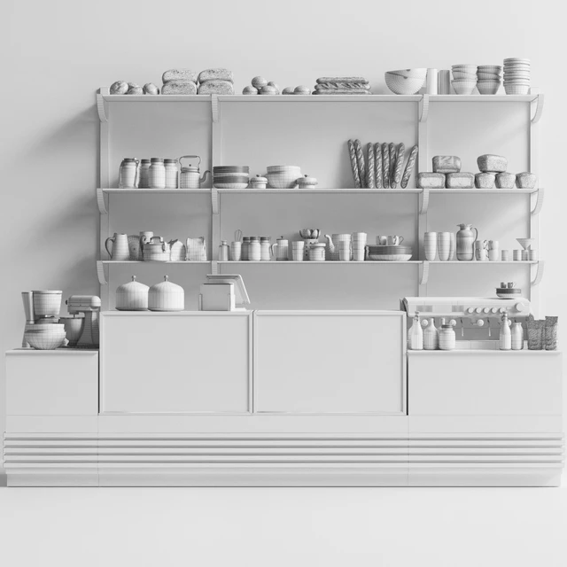 Design project of a coffee point in a minimalist style with a showcase with desserts and sweets. Cafe — Descargar