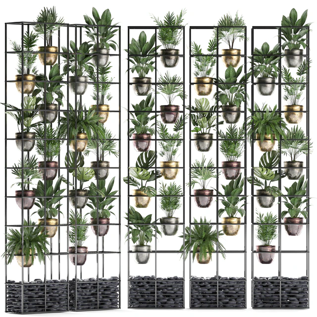 Vertical gardening. 27. Shelf with plants, rack, fern, areca palm, monstera, loft, indoor plants, vertical garden, phytowall, phytomodule, pots, eco design, Raphis palm — Descargar